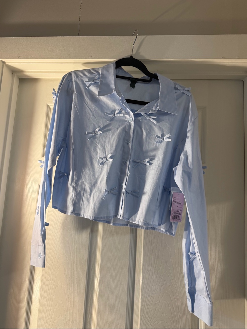 Cropped Light Blue Bow-Accent Button-Front Shirt Jacket- Target